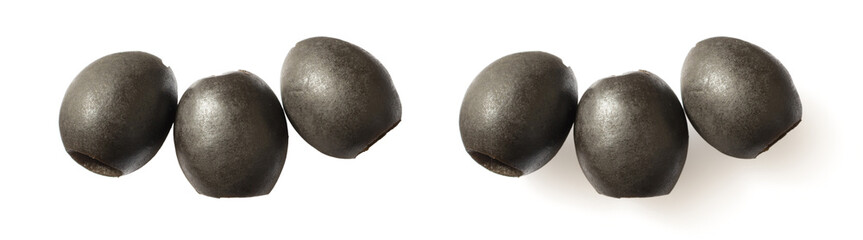 Pitted black olives isolated on white background, top view.