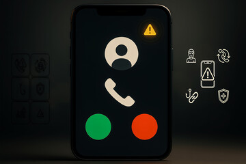 Scam call interface on a smartphone screen with warning icon