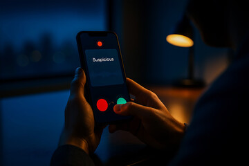 Man receiving a suspicious call on a smartphone at night