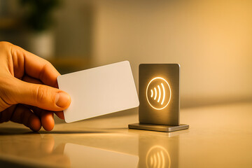 Hand tapping a blank white card to an NFC payment reader