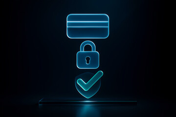 Secure payment concept with glowing credit card and lock icons