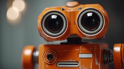A robot with orange eyes and a black nose. The robot is standing. Macro shot robotic education kit with tiny range sensors front facing, cinematic editorial minimalism, robotic education kit
