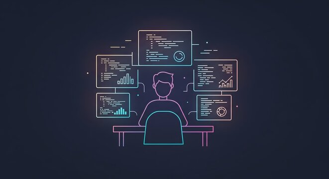 Programmer analyzing data on multiple screens in modern digital workspace with neon glow