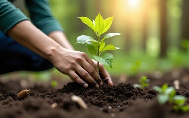 Planting tree seedlings. Forest conservation concept. High quality