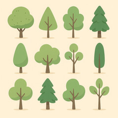 Stylized green trees with brown trunks, showcasing diverse collection of shapes and forms, create cheerful and peaceful natural scene. Charming plant illustrations convey beauty of flora