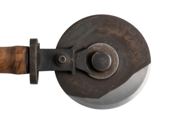 Antique pizza cutter with wooden handle isolated on transparent background