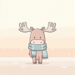 Fototapeta premium Cute Pixel Art Moose Wearing a Scarf in a Snowy Landscape Gentle Snowfall Warm Tones