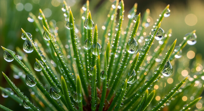 Close-up view of water droplets clinging to the needles of a vibrant green pine tree branch, showcasing nature's beauty.