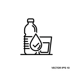 Water Bottle and Glass Icon – Line Art Vector of Clean Drinking Water with Purity Symbol