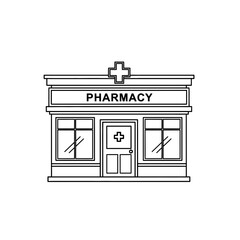 Pharmacy Building Line Art – Vector Illustration of Medical Store with Cross Sign and Glass Doors