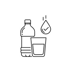 Water Bottle and Glass Icon – Line Art Vector of Clean Drinking Water with Purity Symbol
