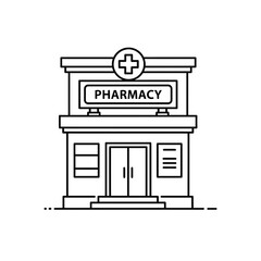 Pharmacy Building Line Art – Vector Illustration of Medical Store with Cross Sign and Glass Doors