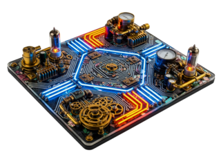 Steampunk technology with glowing neon circuits and brass gears on a transparent background