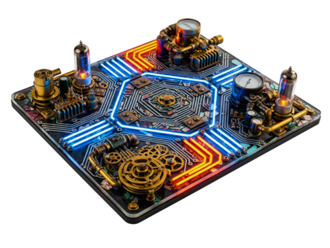 Steampunk technology with glowing neon circuits and brass gears on a transparent background