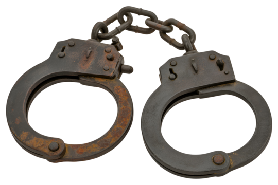 Rusty old metal handcuffs isolated on transparent background
