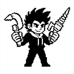 Pixel art black and white spiky hair character isolated on white background