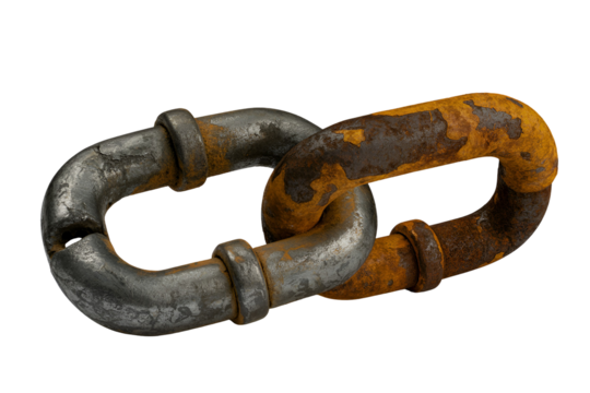 Two rusty metal chain links connected isolated on transparent background