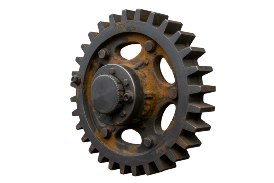 Rusty metal cogwheel isolated on transparent background