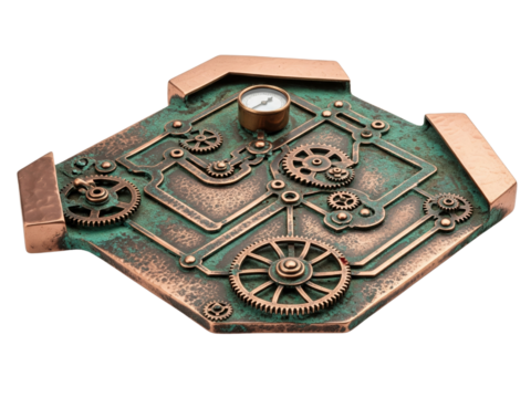 Aged copper steampunk device with intricate gears and a gauge on a transparent background - Powered by Adobe