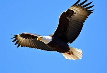 Obraz premium Majestic bald eagle in flight against a clear blue sky, wings fully extended, showcasing its iconic white head and tail feathers, cloudy, majestic
