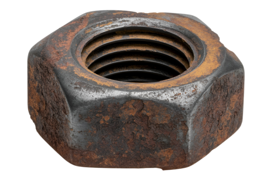 Close up of a rusty hexagonal nut isolated on transparent background