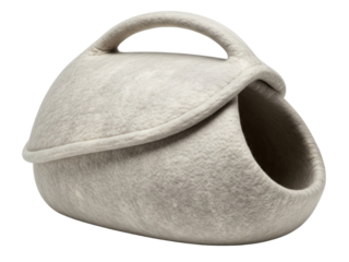 Felted wool cat cave bed with an integrated carrying handle on a transparent background