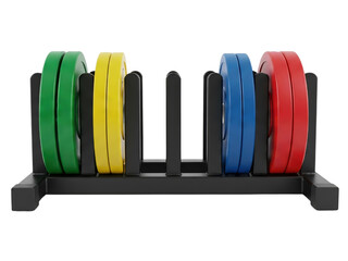 Weightlifting bumper plates in a rack for strength training on a transparent background