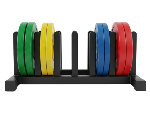 Weightlifting bumper plates in a rack for strength training on a transparent background