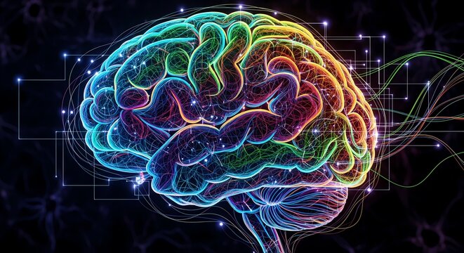 Vibrant, glowing brain synapses firing with digital connections, symbolizing intelligence and innovation