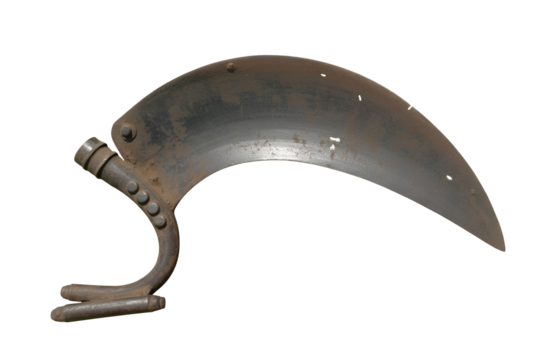 Antique agricultural sickle tool with wooden handle isolated on transparent background