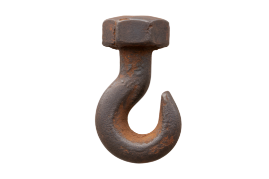 Rusty metal lifting hook with hexagonal nut isolated on transparent background