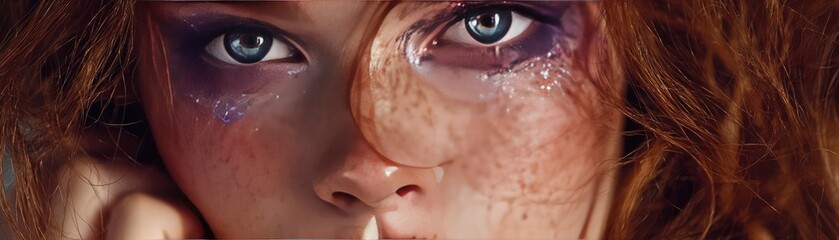 Face of dreamy girl in purple tones concept. Close-up portrait of a person with striking features and makeup.