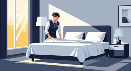 This flat design vector illustration depicts a professional hotel staff member meticulously making a bed, symbolizing excellent hospitality service and attention to detail.