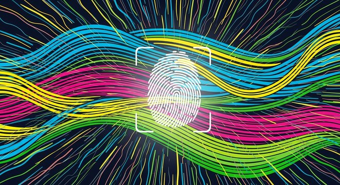 Vibrant digital fingerprint scan with flowing colorful data streams, modern security concept