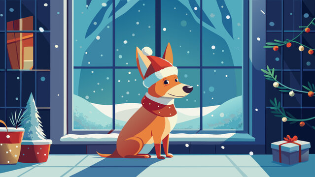 Dog Wearing Christmas Hat with Antlers Waiting by Window, Winter Snowfall Holiday Illustration