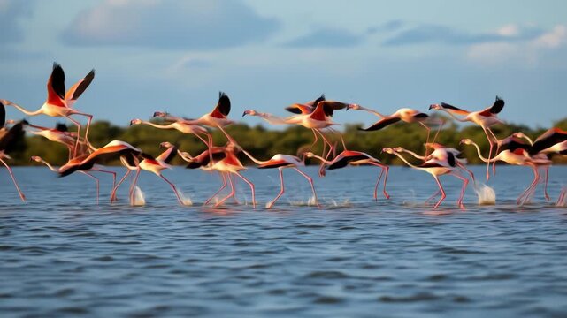 Flamingos take flight from shallow water, wings spread in soft light