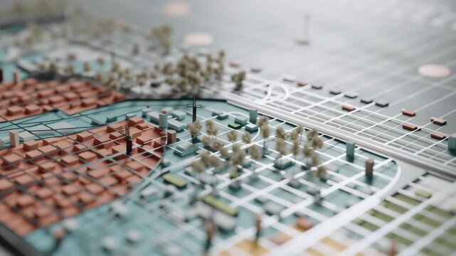 A model of a city with a green area in the middle. Macro shot street activation component showing intermix program zones micro urban scale, mixed use urban project