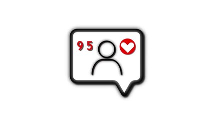 Speech bubble icon with a person silhouette, red heart, and the number 99, indicating followers showing speech bubble with person silhouette, heart, and 99 followers, highlighting social media growth. - Powered by Adobe