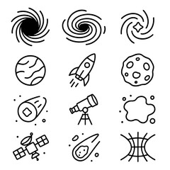 Cosmic Icons Compilation. Space Anomaly linear icon set: black hole, event horizon, galaxy, star, planet, rocket, telescope, asteroid, satellite, comet, nebula, light warp.