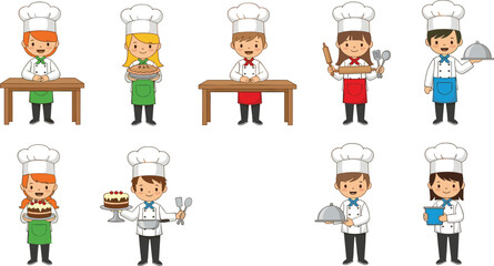 Cute kids chef cartoon characters cooking, baking and serving food, adorable children in kitchen uniform vector for culinary illustration