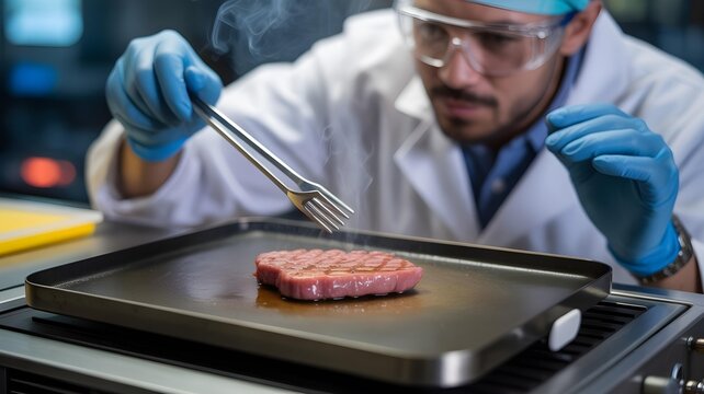 A food scientist in a lab, grilling a small piece of cultured meat on a hot plate, observing the sizzle and smoke