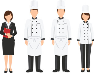 Restaurant staff illustration with manager and chefs, professional kitchen team in uniform, business and culinary teamwork vector concept