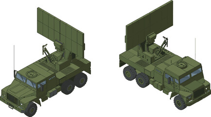 Isometric 3D illustration of military radar trucks with large antennas and communication equipment for defense surveillance and army technology