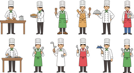 Professional male chef characters cooking, serving food, holding utensils, restaurant kitchen staff illustration, cartoon vector set for culinary designs
