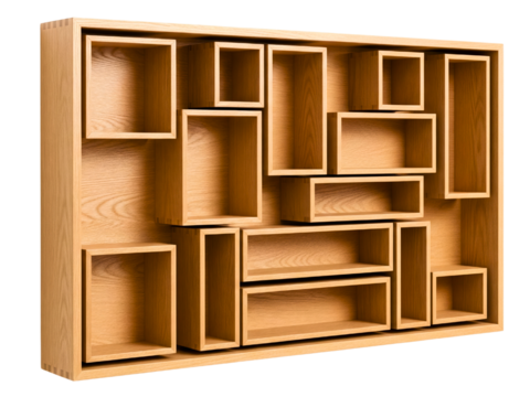 Modern wooden wall shelf with multiple empty box compartments on a transparent background