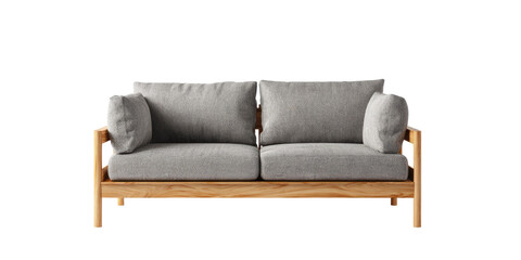 Light gray couch on wooden frame