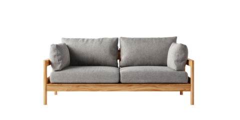 Light gray couch on wooden frame