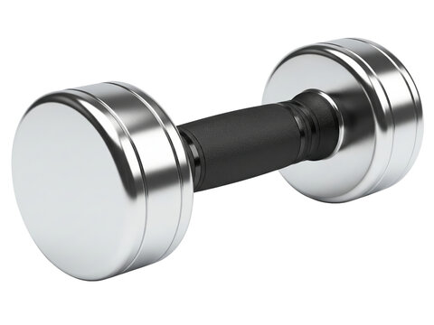 Shiny chrome dumbbell with a black handle for fitness workouts on a transparent background