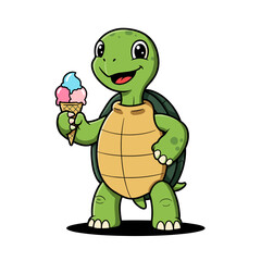 Cute cartoon turtle character smiling and holding a pink and blue triple-scoop ice cream cone.