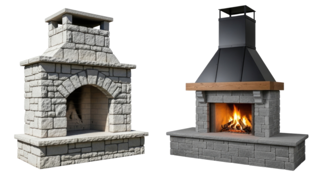 Stone fireplace with archway transparent background cutout png